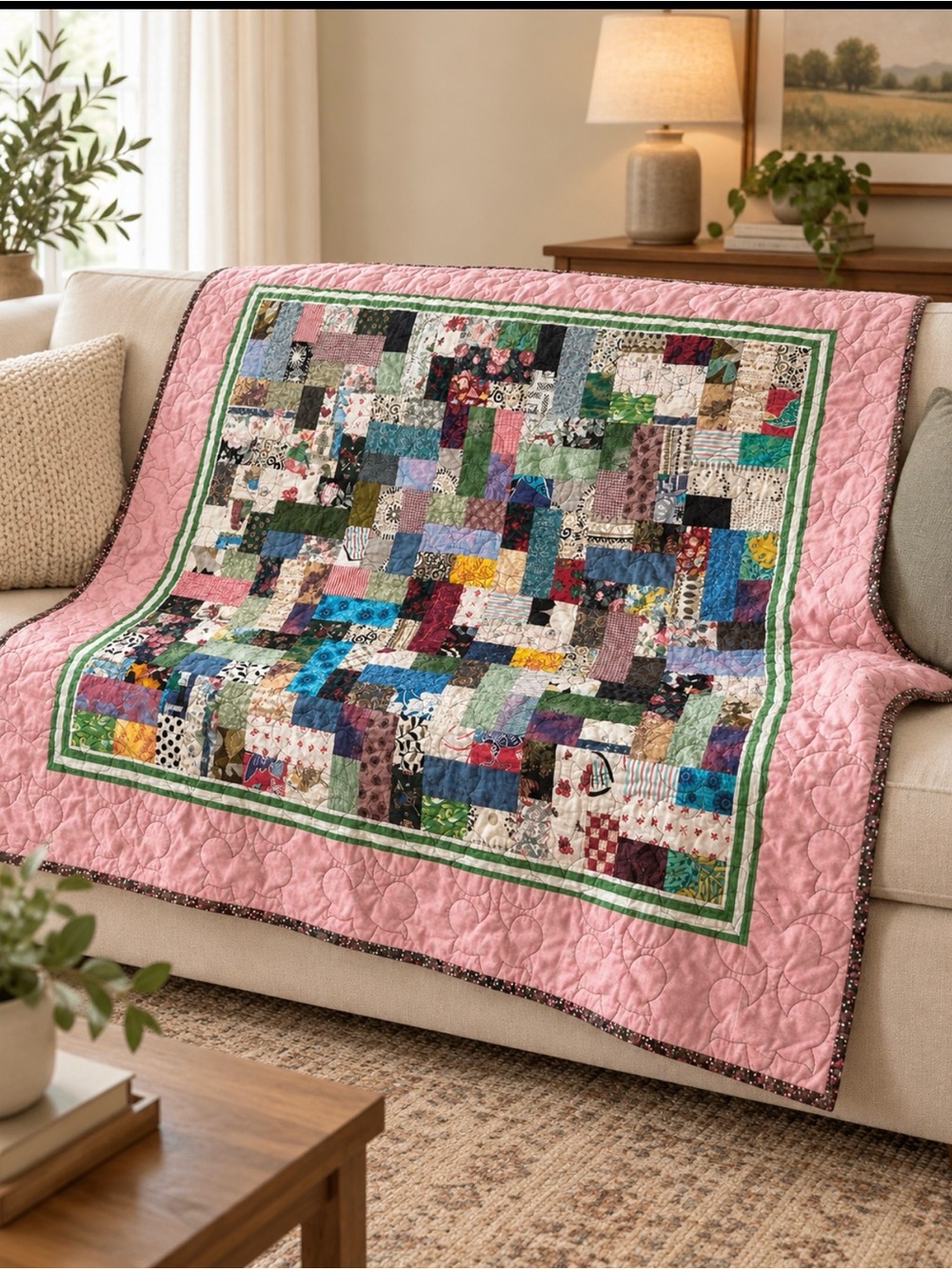 Handmade Pink Patchwork Quilt Throw - Multicolor Pieced Design 54”x46”